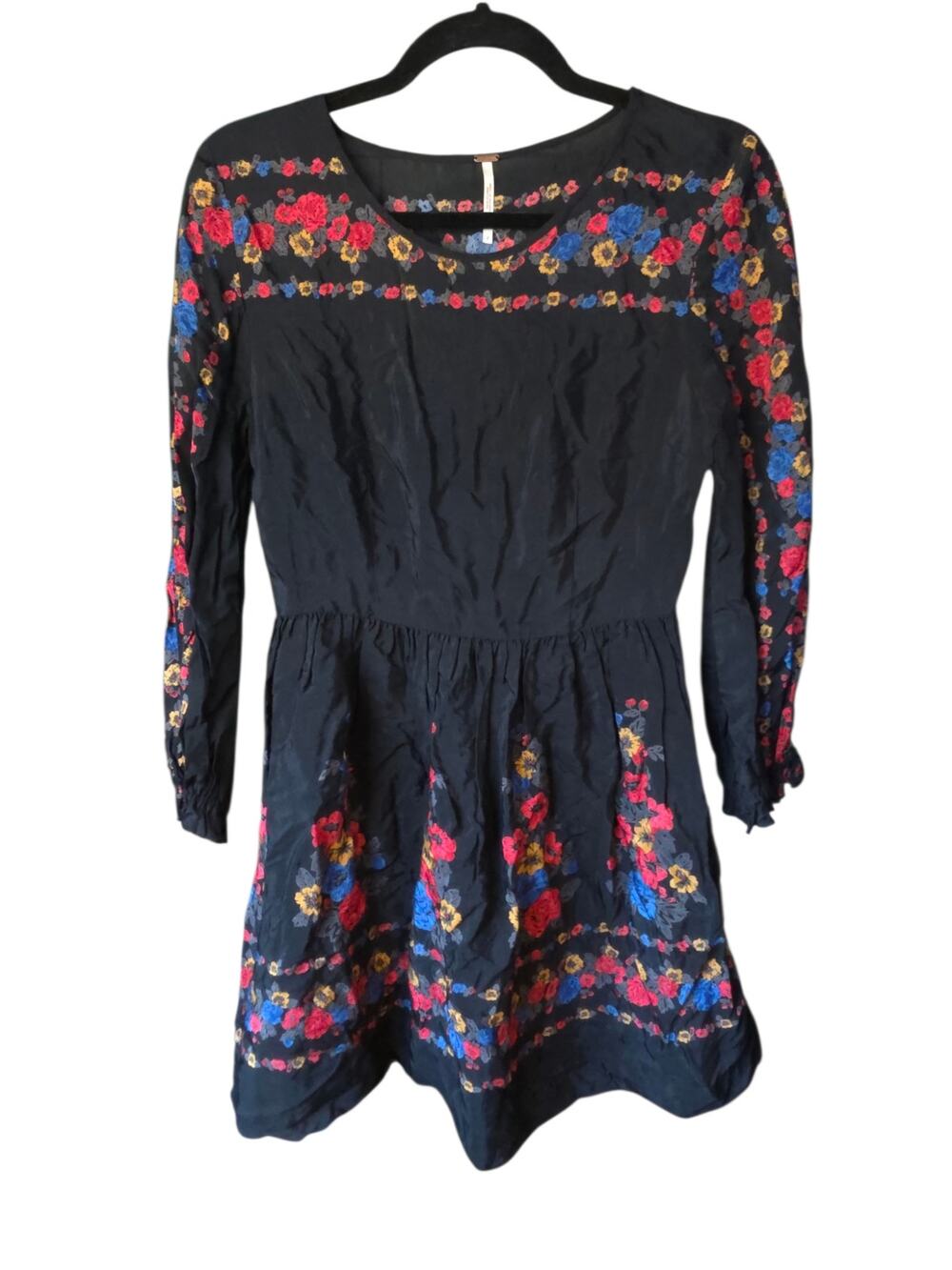 Free People Age Of Aquarius Mini Dress Black Floral Boho Size 2 Long Sleeve